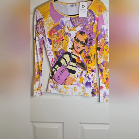 Paolo Santini M Della Vita Multiclrd Lslv Pop art Floral Print Women's T-shirt - Picture 1 of 12